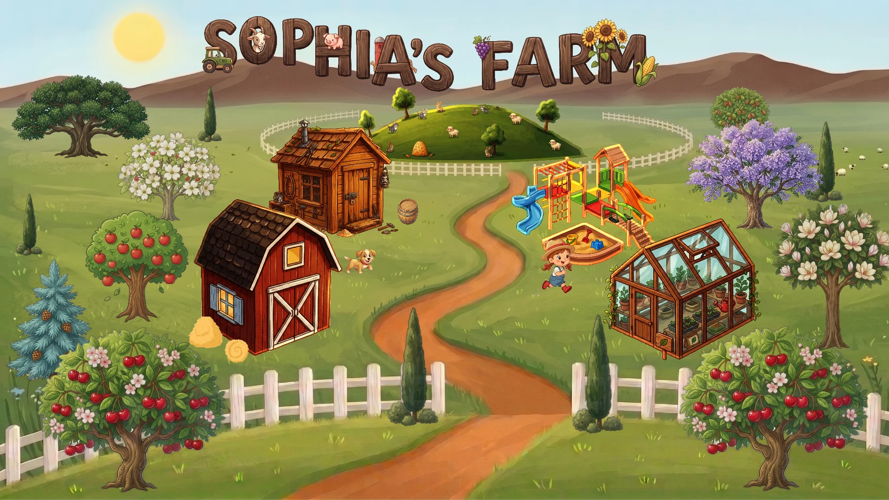The full Sophia's Farm world with a barn, greenhouse, workshop, playground, orchards and animals